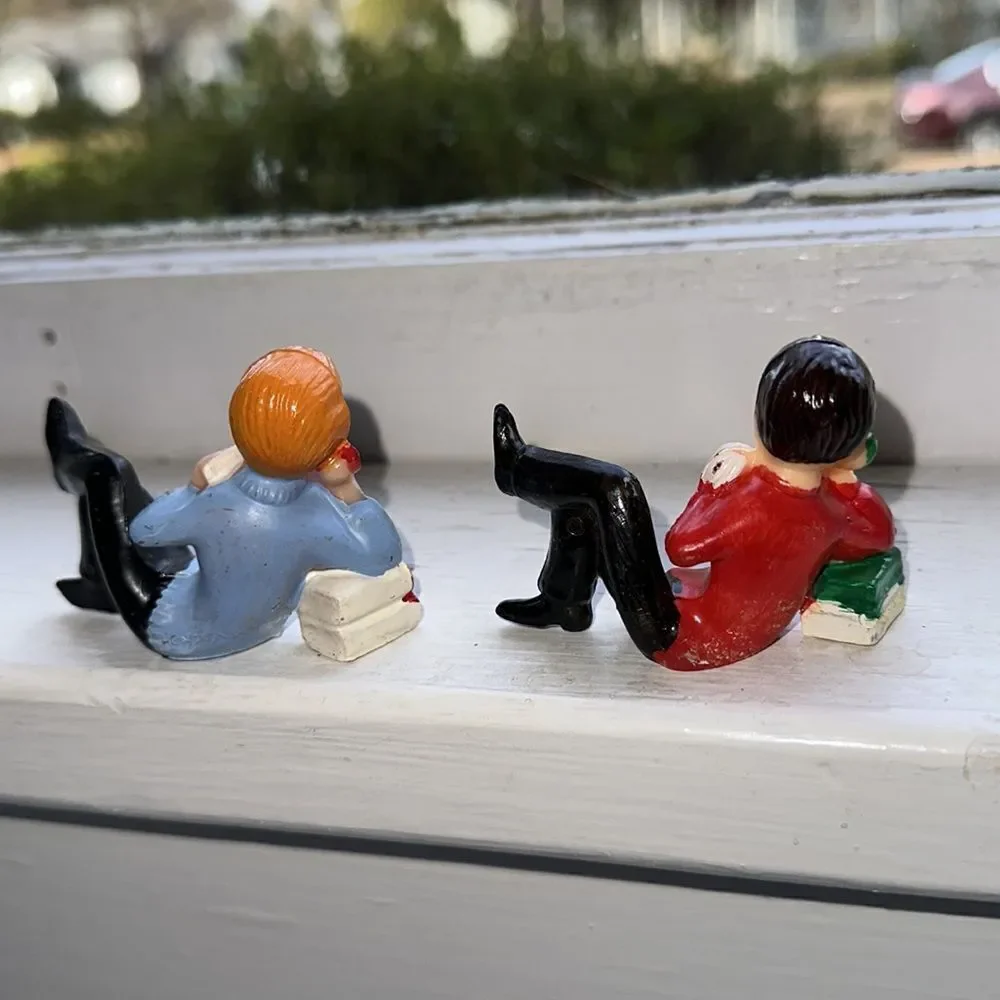 Two Vtg mid century hard plastic male figures talking on the‎ phone cake toppers